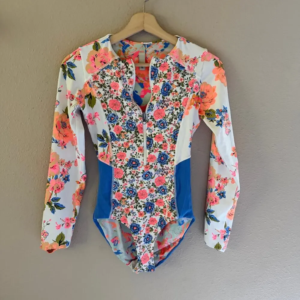 Maaji Floral Long-Sleeve One-Piece Swimsuit in Peach, Blue & White